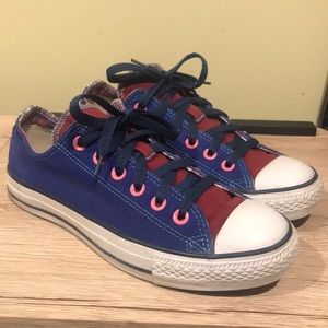Double Tongue Converse Chuck Taylor Sneakers (purple/blue & maroon)